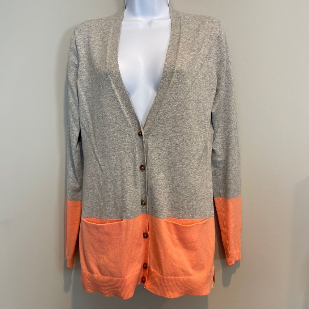 Lands End Canvas Color Block Gray and Coral Button Up Cardigan Sweater